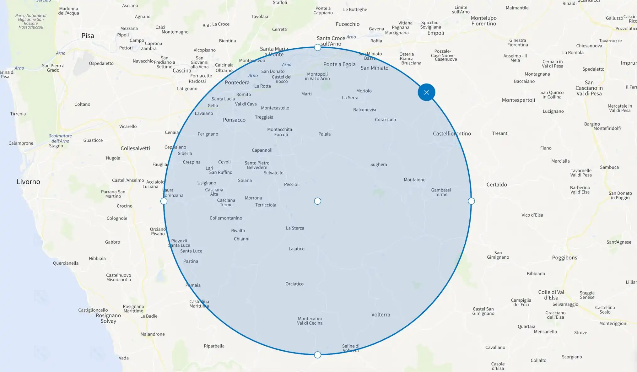Map showing areas served around Tuscany
